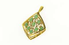 14K Yellow Gold 1960's Jade Ornate Squared Layered Look Pendant