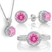 3 3/5 CARAT CREATED PINK SAPPHIRE & DIAMOND STERLING SILVER JEWELRY SET