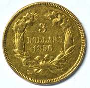 Attractive 1856 US $3 Gold Piece. Cleaned