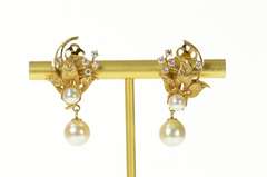 14K Yellow Gold 1950's Diamond Pearl Dangle Leaf Clip Back Earrings