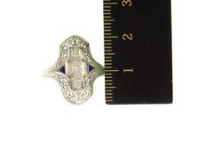 18K White Gold Art Deco Diamond Sapphire Filigree Engagement Ring