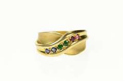 14K Yellow Gold Retro Syn. Emerald Ruby Sapphire Criss Cross Ring