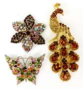 3 Colorful Figural Rhinestone Pins