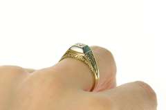 14K Yellow Gold Art Deco Squared Diamond Leaf Etched Wedding Ring