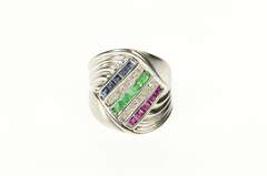 14K White Gold Diamond Emerald Ruby Sapphire Wavy Ring