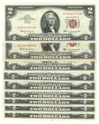 9 Series of 1963 $2 Red Seal Notes in AU/CU