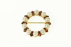 14K Yellow Gold Pearl Garnet Circle Cluster Statement Pin/Brooch