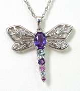 Sweet Amethyst & Topaz Dragonfly Necklace in Sterling Silver
