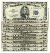 10 Assorted 1934 & 1953 $5 Blue Seal Silver Certificates
