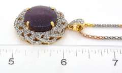 Adorable Massive 16.00CTS Cabochon Cut Natural Star Ruby & White Sapphire Halo Necklace in Vermeil