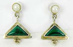 Sterling Malachite & Pearls Dangle Earrings