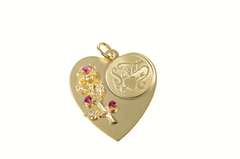14K Yellow Gold Sweet Heart Rose Syn. Ruby Retro Love Charm/Pendant
