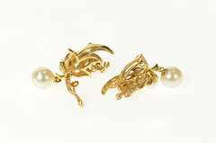 14K Yellow Gold 1950's Diamond Pearl Dangle Leaf Clip Back Earrings