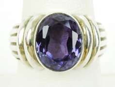 Chunky Ribbed Sterling Ring with Purple Sapphire, 8.5