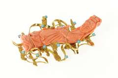 14K Yellow Gold Ornate Carved Chinese Coral Turquoise Lady Pin/Brooch