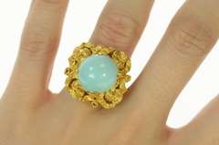 18K Yellow Gold Retro Grooved Ribbon Squared Turquoise Ring