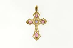 14K Yellow Gold Sapphire Purple Tourmaline Elaborate Cross Pendant