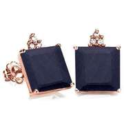 SOLID 10KT ROSE GOLD SQUARE SHAPE 2.50CT MIDNIGHT BLUE SAPPHIRE AND 6 DIAMONDS EARRINGS STUD