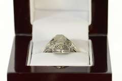 18K White Gold Art Deco Diamond Sapphire Filigree Engagement Ring