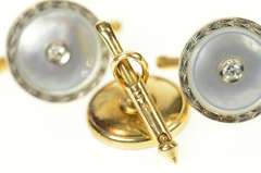 14K Yellow Gold Art Deco Mother of Pearl Diamond Buttons Cuff Links
