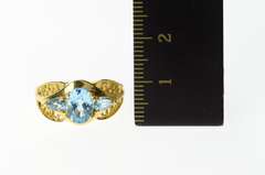 14K Yellow Gold Ornate Three Stone Blue Topaz Statement Ring