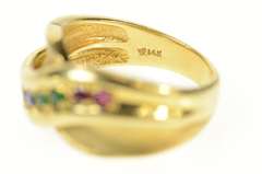 14K Yellow Gold Retro Syn. Emerald Ruby Sapphire Criss Cross Ring