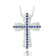 Silver Tone Created Sapphire & Diamond Accent Cross Necklace