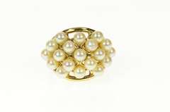 14K Yellow Gold Retro Domed Pearl Cluster Statement Band Ring