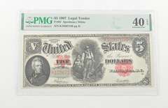 $5 1907 Legal Tender PMG 40 EPQ Extremely Fine, Fr # 91 Speelman/White
