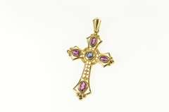 14K Yellow Gold Sapphire Purple Tourmaline Elaborate Cross Pendant