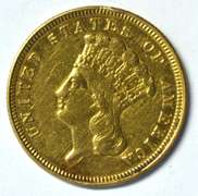 Attractive 1856 US $3 Gold Piece. Cleaned