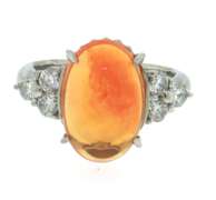 Romantic White Gold Platinum Cabochon Shaped Cut Fire Opal and Diamond Ring