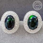 GENUINE ETHIOPIAN BLACK OPAL & CREATED WHITE SAPPHIRE STERLING SILVER EARRINGS