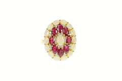 18K Yellow Gold Opal Ruby Diamond Halo Cocktail Statement Ring