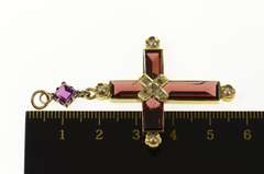14K Yellow Gold Ornate Sim. Garnet Diamond Seed Pearl Cross Pendant