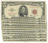 12 Series of 1953/63 $5 Red Seal Notes in circ