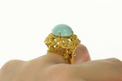 18K Yellow Gold Retro Grooved Ribbon Squared Turquoise Ring