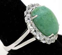 Lovely Cabochon Cut Natural Emerald & White Sapphire Ring in Sterling Silver
