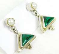 Sterling Malachite & Pearls Dangle Earrings
