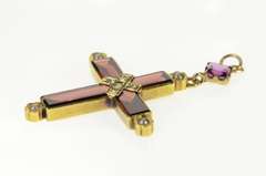 14K Yellow Gold Ornate Sim. Garnet Diamond Seed Pearl Cross Pendant