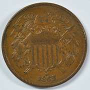 Brown Unc 1865 Two Cent Piece. Fully struck