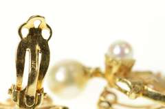 14K Yellow Gold 1950's Diamond Pearl Dangle Leaf Clip Back Earrings
