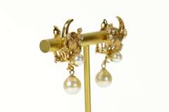 14K Yellow Gold 1950's Diamond Pearl Dangle Leaf Clip Back Earrings