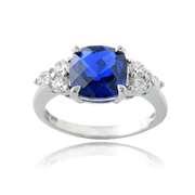 Sterling Silver 1.4ct Created Blue Sapphire & CZ Accents Cushion Cut Ring