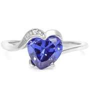 STERLING SILVER HEART 8MM LAB TANZANITE & DIAMOND WOMEN RING