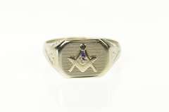 14K White Gold Masonic Compass Square Art Deco Men's Ring