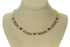 14K Yellow Gold Emerald Ruby Sapphire Diamond Square Chain Necklace