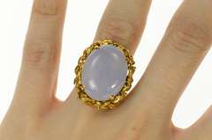 14K Yellow Gold Oval Lavender Agate Cabochon Leaf Trim Ring