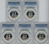 5 Superb Gem Proof 1958 Franklin Half Dollars. PCGS PR66