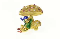 18K Yellow Gold Ruby Diamond Sprite Enamel Mushroom Pin/Brooch